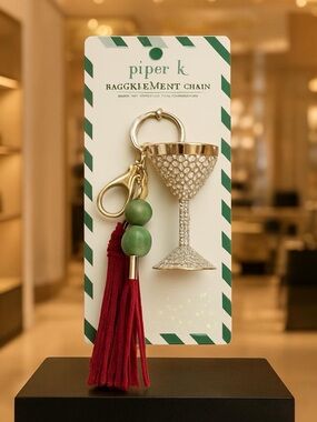 piper k Gold Crystal Martini Keychain with Red Tassel and Green Beads
